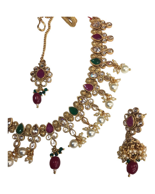 Red / Green - Medium Size Necklace Set with Earrings - SLV11KV 0822