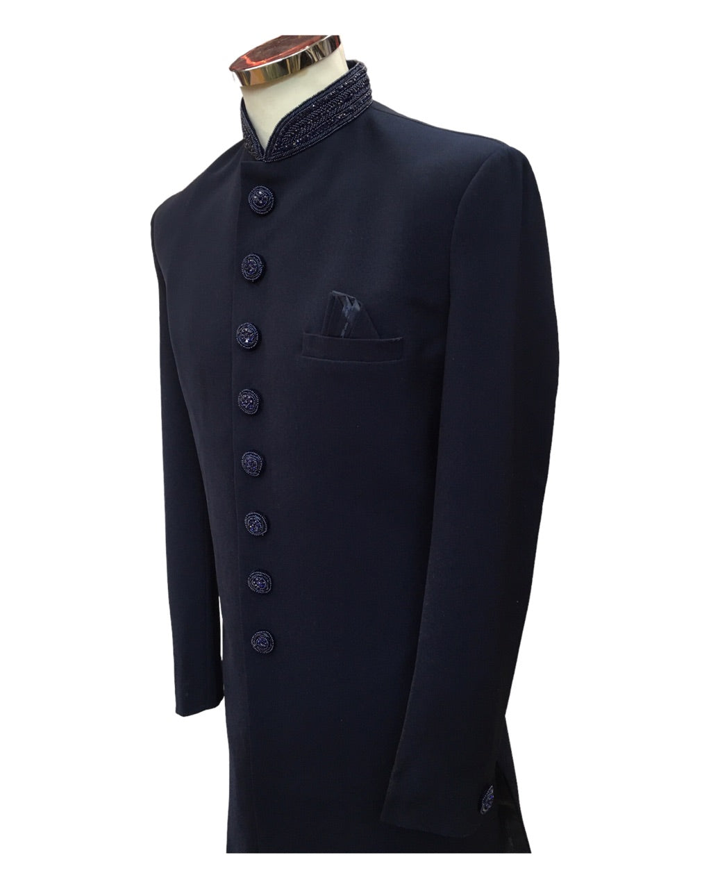 Stunning Navy Blue Self Coloured Embroidery Sherwani with Cream Trousers - SHU2301 JR0123