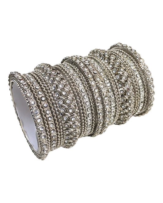 Set of 22 Silver Finish Stone Bangles - Bollywood, Weddings, Fancy Dress D5012 R 1022