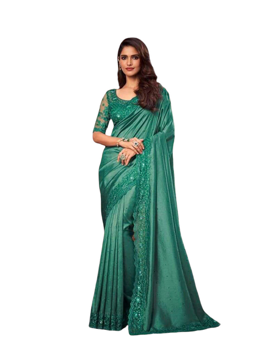 Designer Turquoise Green Saree with Embroidered Contrast Ready Blouse - ANM3114 TC0122