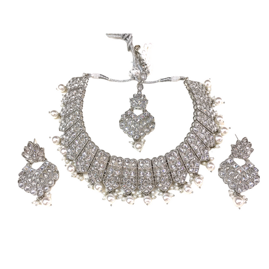 Silver Finish Necklace, Earrings and Tika set - Bollywood - Weddings - SV30 VY0721