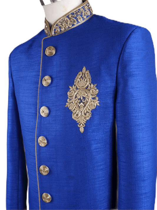Mens Raw Silk Royal Blue Brocade Sherwani - VL1907 AA1119 - Prachy Creations