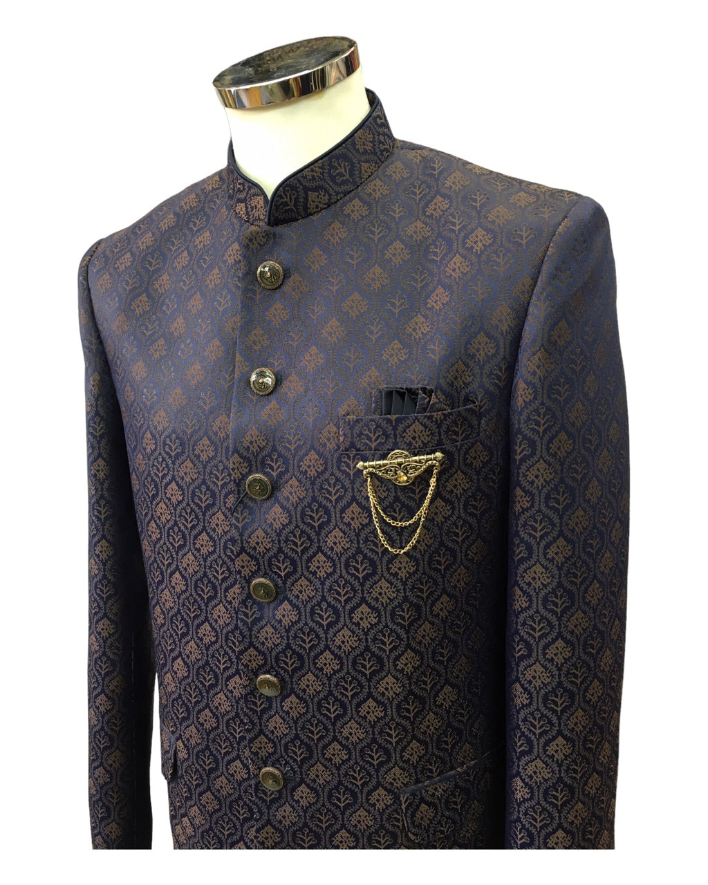 Mens Navy Blue Brocade BandhGala / Prince / Chinese Collar Jacket - Fantastic Fit - CS2302 JP 0123