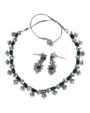 Green - AD Silver Finish Small Size Necklace Set with Earrings - PMJ11 C 0223
