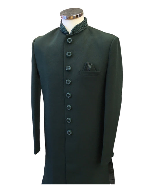 Stunning Bottle Green Self Coloured Embroidery Sherwani with Cream Trousers - SHU2302 JR0123