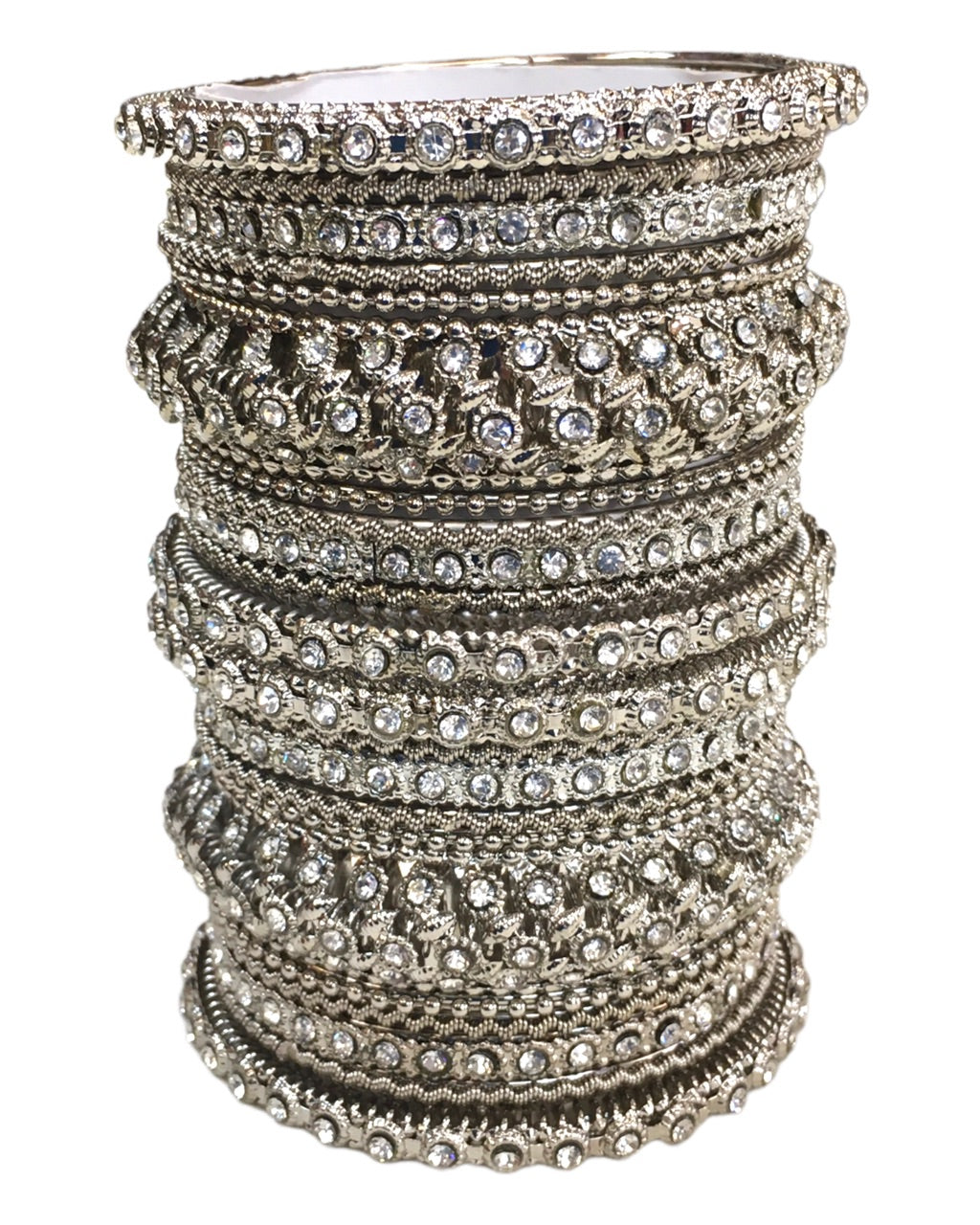 Set of 22 Silver Finish Stone Bangles - Bollywood, Weddings, Fancy Dress D5012 R 1022