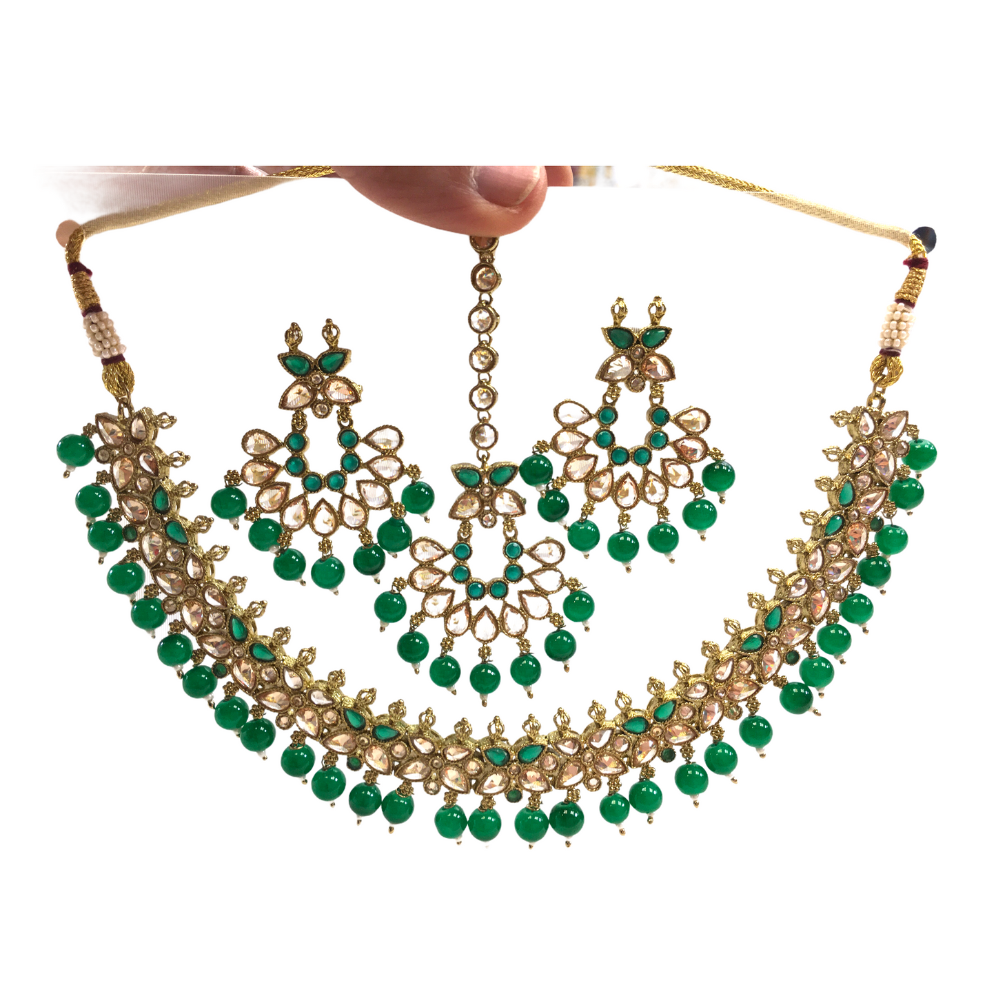 Designer Reverse Stone Necklace Earrings and Tika Set - KAJ836 KY0721