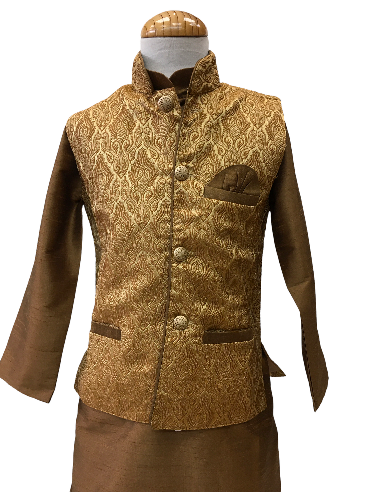 Bollywood / Indian weddings - Boys Antique Gold Brocade Waistcoat and Gold Kurta set - KCS2213H 0322