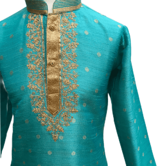Boys Turquoise Blue Indian Churidar Set - Handloom Benarasi - Bollywood Party Weddings - CKB-VL1915 KT1219 - Prachy Creations