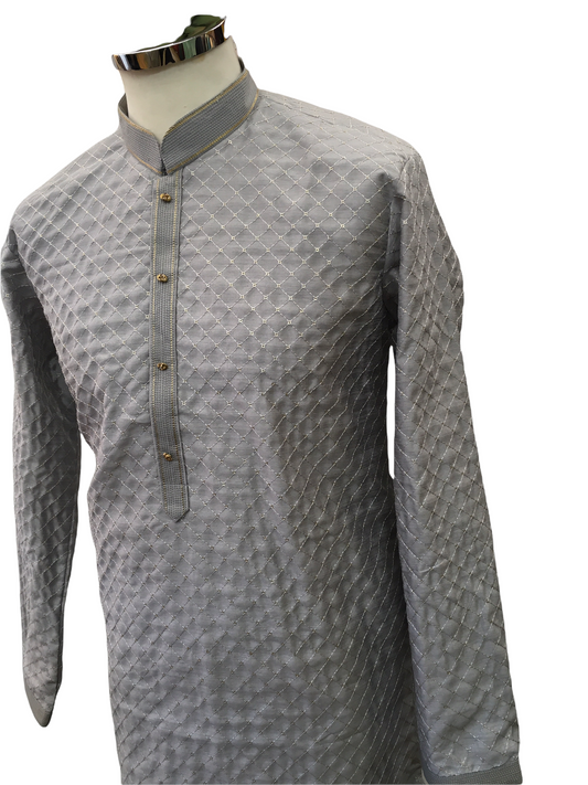 Silver Grey- Mens Banarasi Handloom Kurta Set - LOGAN TY0322