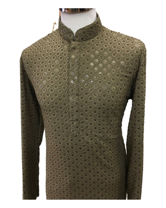 Khaki Brown Lucknowi Mens Kurta Set - UK Stock - 24h Dispatch - MAHARAV VA 0223 - Prachy Creations