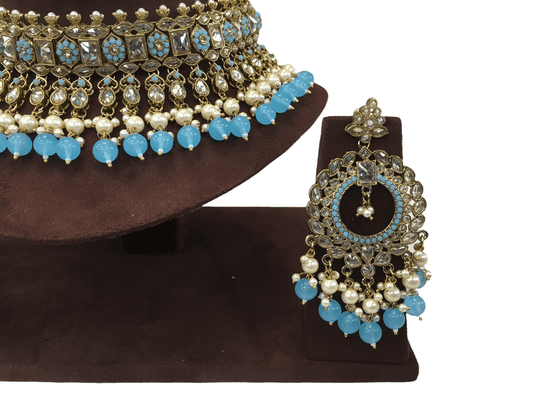 Light Sky Blue Large Choker Necklace set with matching Earrings - SMA2111KC 1021 - Prachy Creations