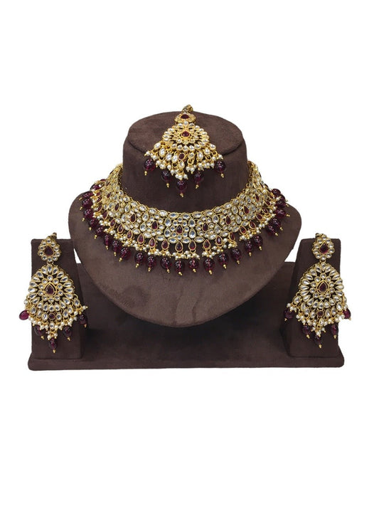 Magenta - Large Size Antique Finish Necklace Set with Earrings - JIG1821 KJ 1122 - Prachy Creations