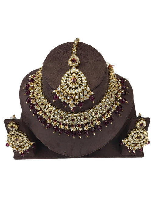 Magenta - Large Size Antique Finish Necklace Set with Earrings - JIG1821 KJ 1122 - Prachy Creations
