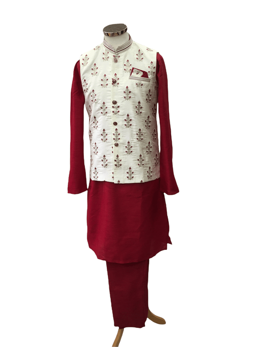 Maroon / Cream - Mens Kurta Set with Rich Brocade Waistcoat - MOHRA TT0322 - Prachy Creations