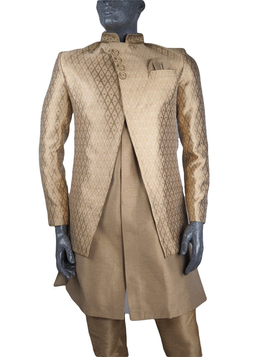 Mens Gold Brocade Sherwani set - With gold Churidar trousers - Bollywood Party Weddings - VFEW1901 KYY0819 - Prachy Creations