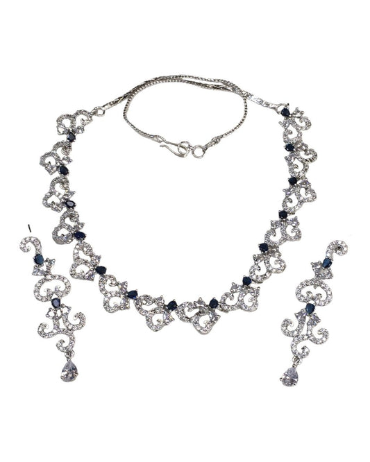 Navy Blue - AD Silver Finish Small Size Necklace Set with Earrings - PMJ02 KY 0223 - Prachy Creations