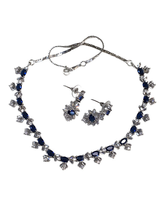 Navy Blue - AD Silver Finish Small Size Necklace Set with Earrings - PMJ11 C 0223 - Prachy Creations