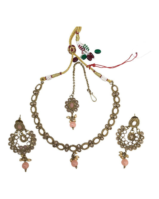 Peach Stones - Small Size Antique Finish Necklace Set with Earrings - DAJ220 A 1122 - Prachy Creations