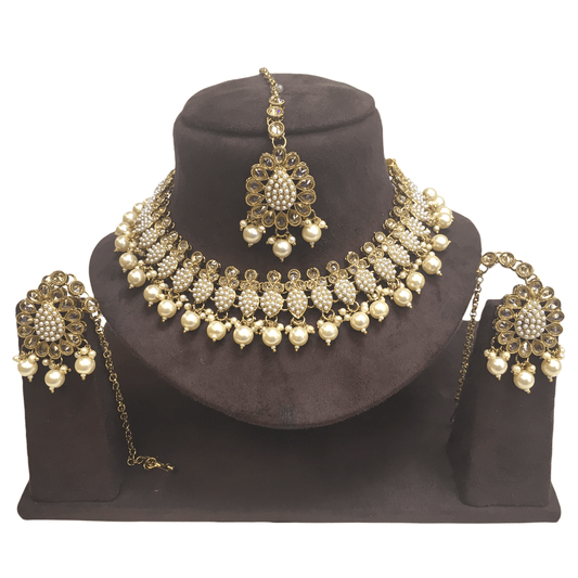 Pearl - Reverse Stone Silver Finish Necklace and Earrings Set - PRI1636KV 1221 - Prachy Creations
