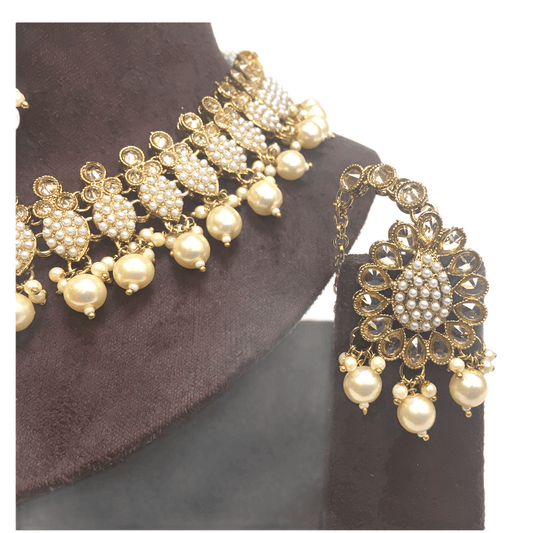 Pearl - Reverse Stone Silver Finish Necklace and Earrings Set - PRI1636KV 1221 - Prachy Creations