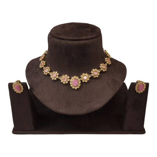 Pink - Antique Gold Finish Choker Necklace set - Sangeet , Mehndi, Weddings - AE2139 C1221 - Prachy Creations