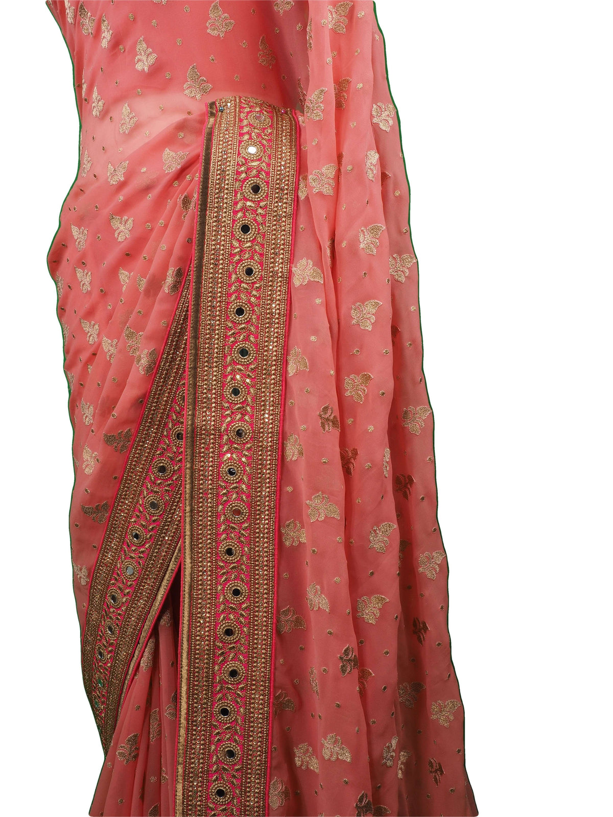 SALE - Coral saree with contrast border , Bollywood, Weddings - SEP5716 04CP17 - Prachy Creations