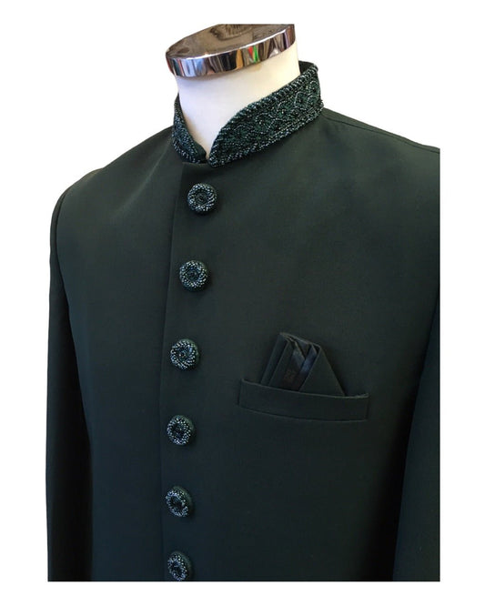 SALE ! Stunning Bottle Green Self Coloured Embroidery Sherwani with Cream Trousers - SHU2302 JR0123 - Prachy Creations