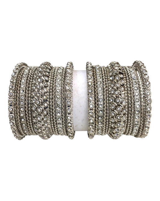 Set of 22 Silver Finish Stone Bangles - Bollywood, Weddings, Fancy Dress D5012 R 1022 - Prachy Creations