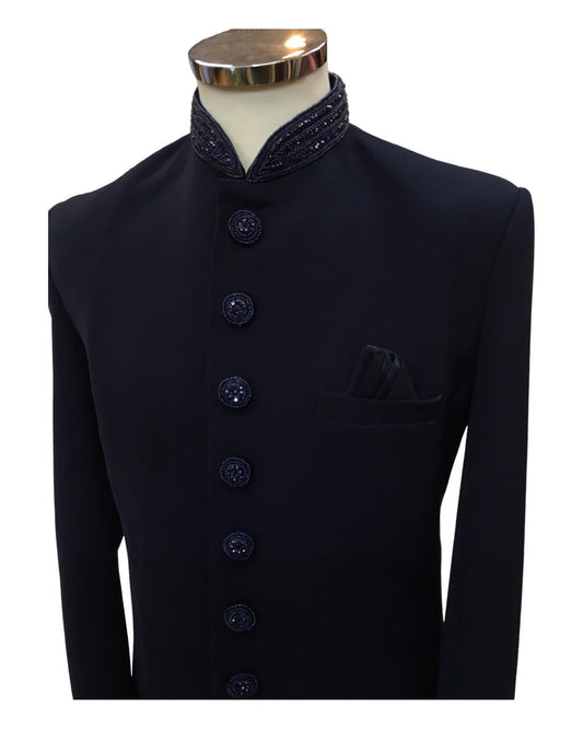 Stunning Navy Blue Self Coloured Embroidery Sherwani with Cream Trousers - SHU2301 JR0123 - Prachy Creations