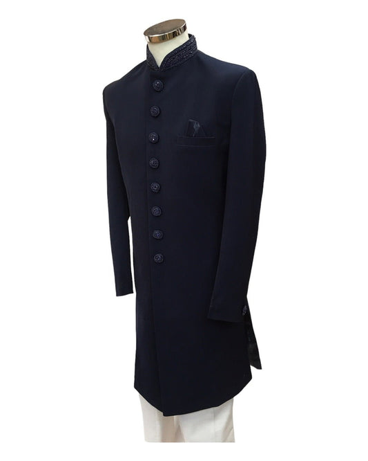 Stunning Navy Blue Self Coloured Embroidery Sherwani with Cream Trousers - SHU2301 JR0123 - Prachy Creations