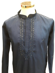 Navy Blue -  Silky Self Emroidered Mens Indian Kurta set - Weddings / Walimas , Sangeet, Eid, Mehndi / Henna - YD2407 KR 0324