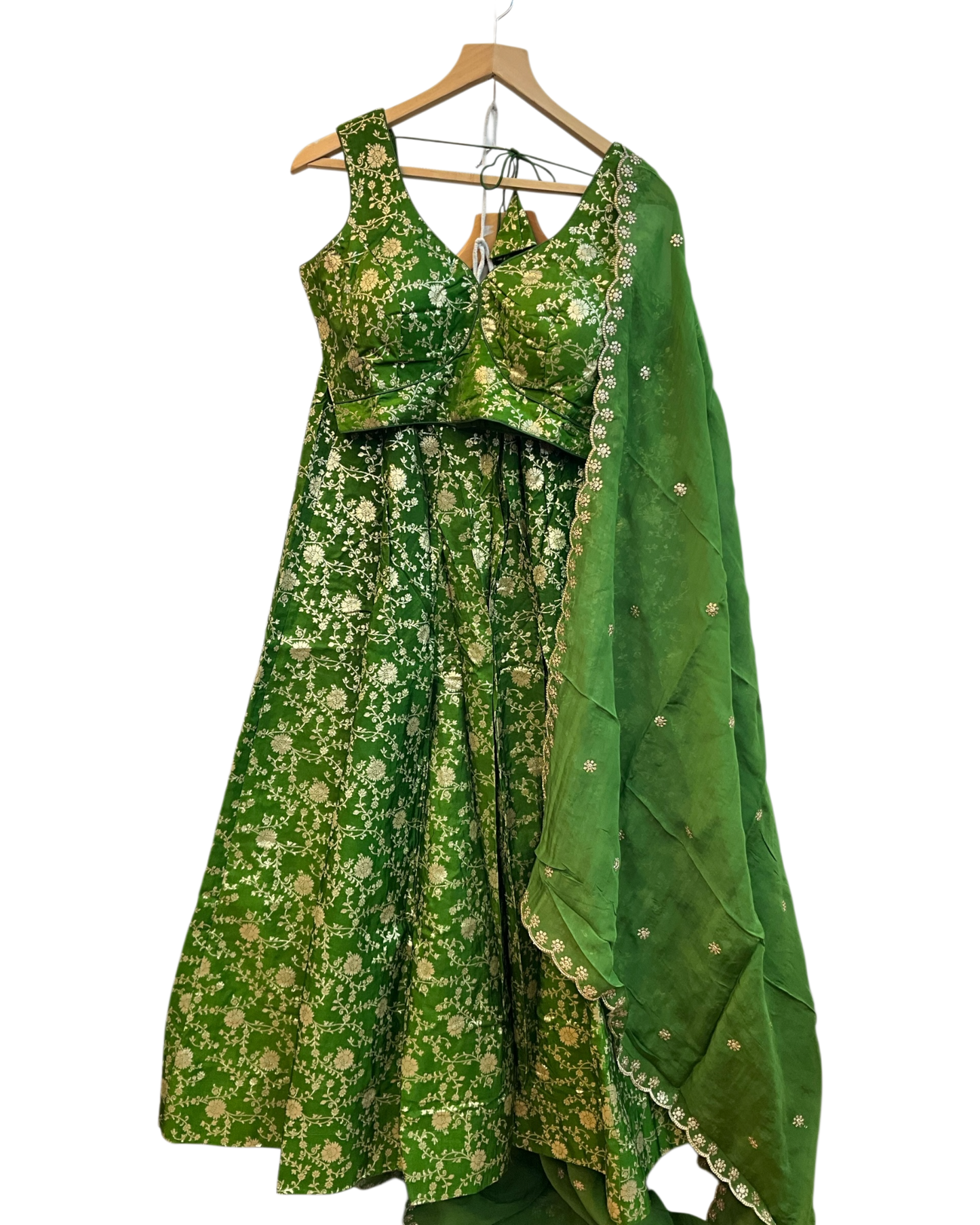 Mehndi Henna Green - Banarasi Brocade Silky Lehenga Set - Mehndi / Sangeet / Bridesmaids / Weddings / Garba  - Size UK 12 (38" Bust) Adjustable to Size 14 - UK Stock - 24h Dispatch - AF2601 02VP26