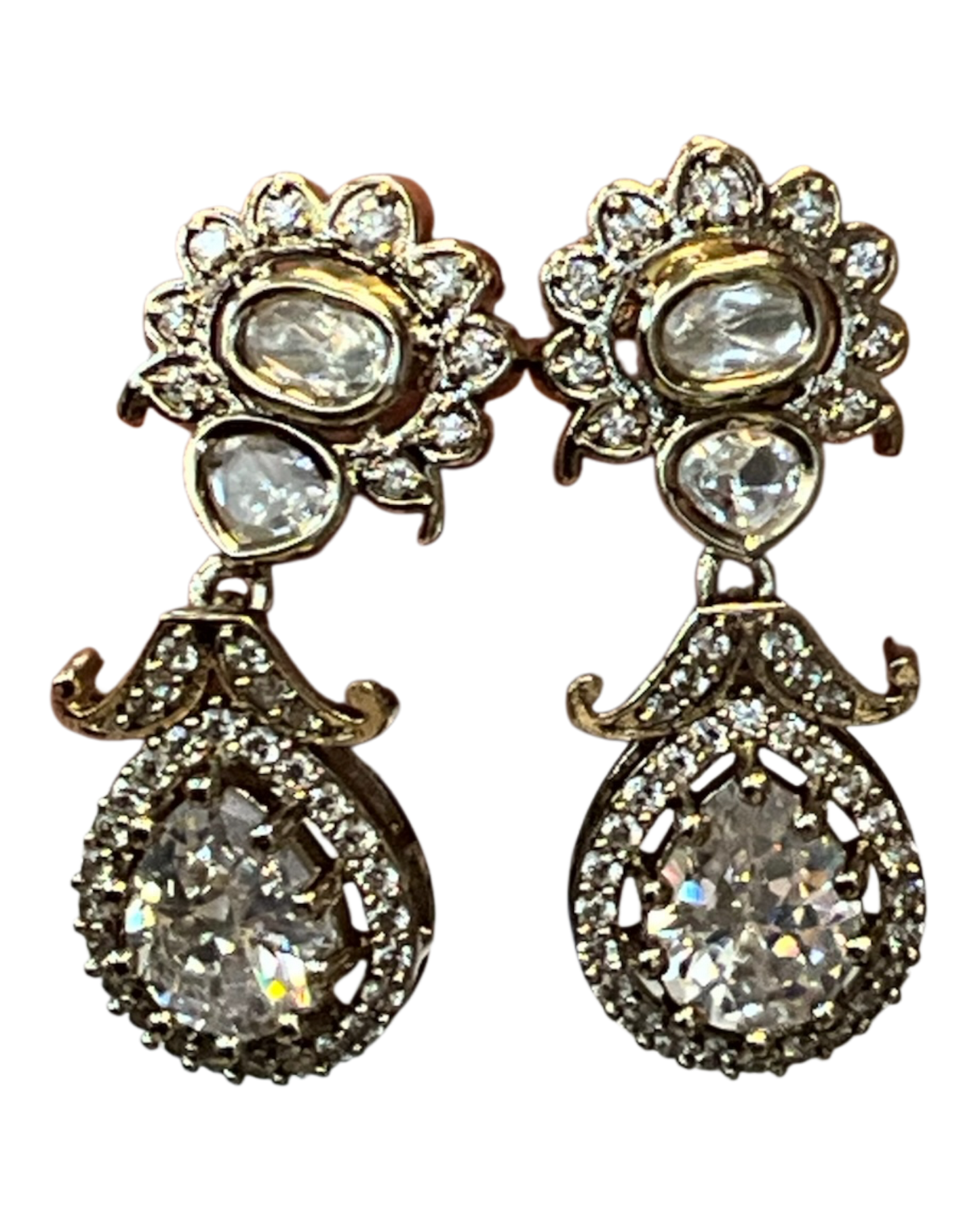 Clear / White - Small - Antique Gold Finish Traditional Earrings - Bollywood - Weddings - 15ER715 07J26