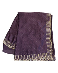 Plum / Purple - Satin Crepe - Party Wear Embroidered Saree with Blouse Piece - SP2504011 VP