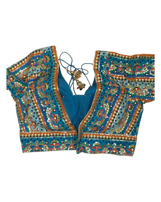 Turquoise - Tie / Dye Printed Crepe Saree / Lehenga blouse - 36" Bust (UK 10) Can be let out to size 14  - B209 01KP25