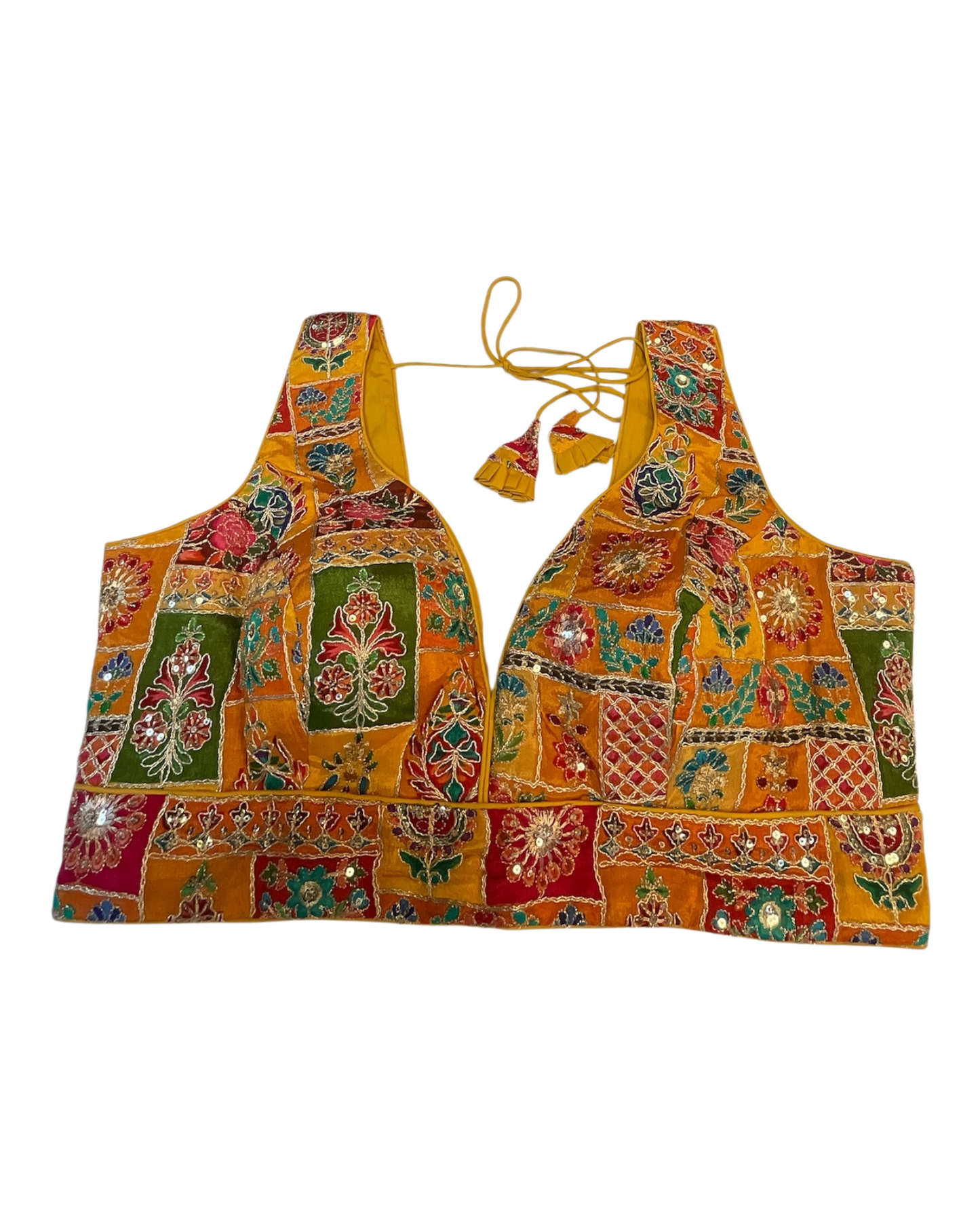 Size 40" / UK 14 - Yellow / Amber - Rich Silky Printed Saree blouse with cups - UK Stock - Quick Delivery - RNK - R961-KV