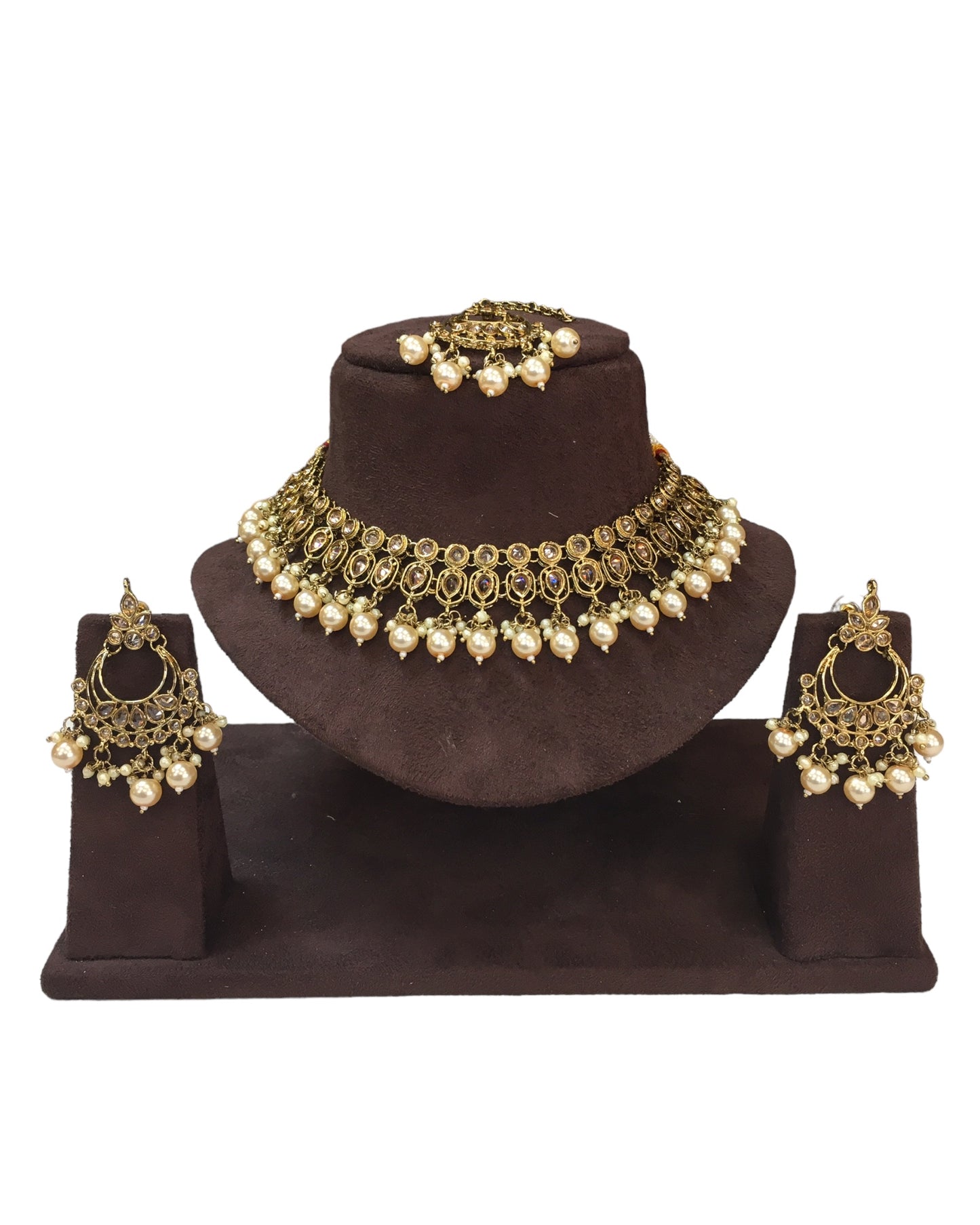 Gold / Nuetral - Large Size Antique Gold Finish Necklace Set with Earrings - VJY403  C 0424