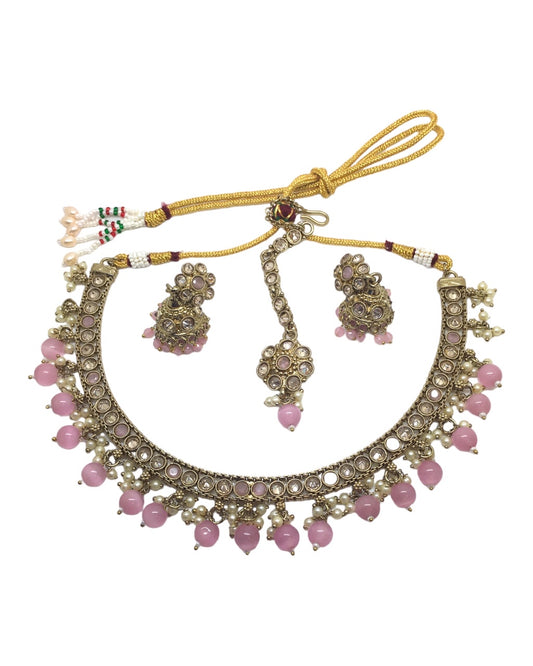 Pink - Reverse Stone Choker Necklace set - Weddings - NIR804 H 0923