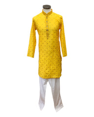 Haldi Yellow - Linen Mirror Work Mens Kurta Set - Sangeet Mehendi Haldi - NY2303 KT 1123