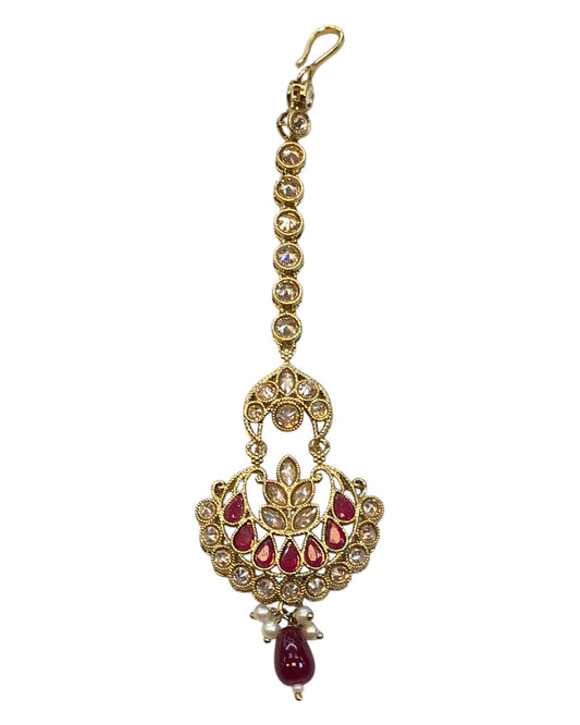 Magenta - Antique Gold Finish Medium Size Tika Head Piece - Indian Ladies Fashion Jewellery - AE2429 11T24