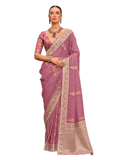 Dark Pink - Handloom  - Chiffon Banarasi Saree with Blouse Piece - JOH1604 10TY25