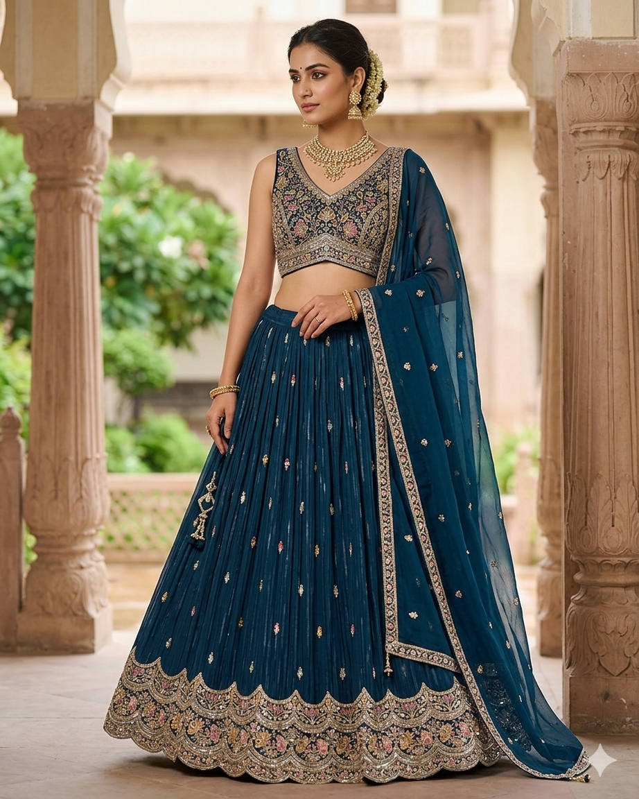 Size UK 14 (40" Bust) Adjustable to Size 16 - Petrol Blue - Banarasi Silky Lehenga Set - Mehndi / Sangeet / Bridesmaids / Weddings / Garba  - UK Stock - 24h Dispatch - JF10505 05PV26