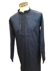 Navy Blue -  Silky Self Emroidered Mens Indian Kurta set Sangeet, Temple, Eid, Mehndi or Funeral ( with Draw stringed trousers) - YD2407 KR 0324