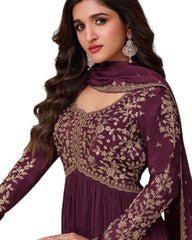 Chiffon - Wine Anarakali  Long Dress with Trousers - Size 12 (Bust 38