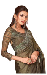 Mehendi Green - Crepe Silky Saree with Fancy Ready made Blouse - ANM12008 VC 1123