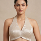 Size 36" / UK 10 - Champagne / Cream - Shimmery Crinkle Halter Neck Saree blouse with cups - UK Stock - Quick Delivery - RNK - R999A-KJ