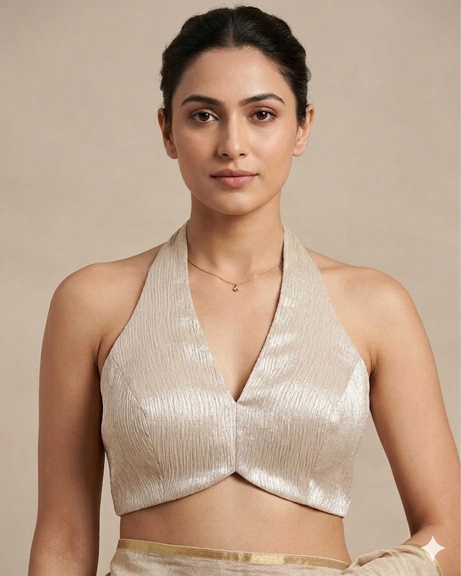 Size 36" / UK 10 - Champagne / Cream - Shimmery Crinkle Halter Neck Saree blouse with cups - UK Stock - Quick Delivery - RNK - R999A-KJ