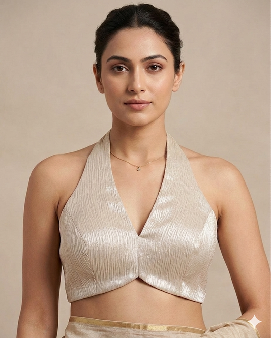 Size 36" / UK 10 - Champagne / Cream - Shimmery Crinkle Halter Neck Saree blouse with cups - UK Stock - Quick Delivery - RNK - R999A-KJ