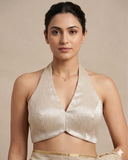Size 36" / UK 10 - Champagne / Cream - Shimmery Crinkle Halter Neck Saree blouse with cups - UK Stock - Quick Delivery - RNK - R999A-KJ